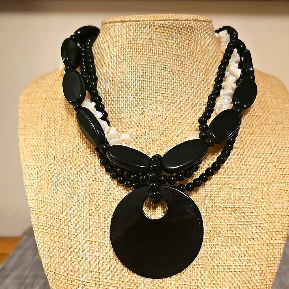 Elegant Black and White Beaded Statement Necklace